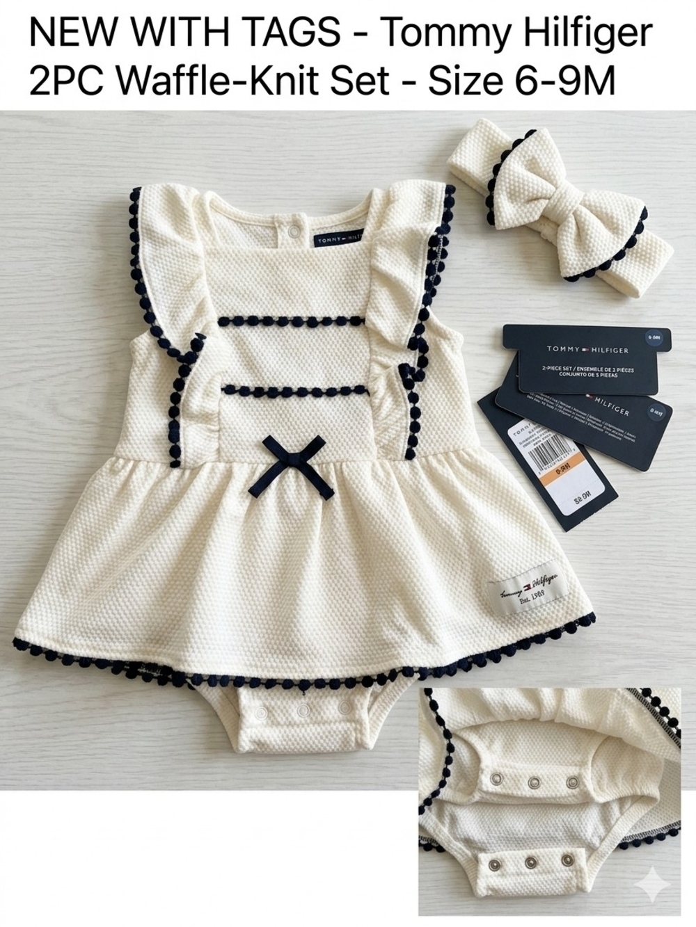 Tommy Hilfiger Cream Waffle-Knit 2PC Baby Set with Navy Trim - 6-9M, NWT
